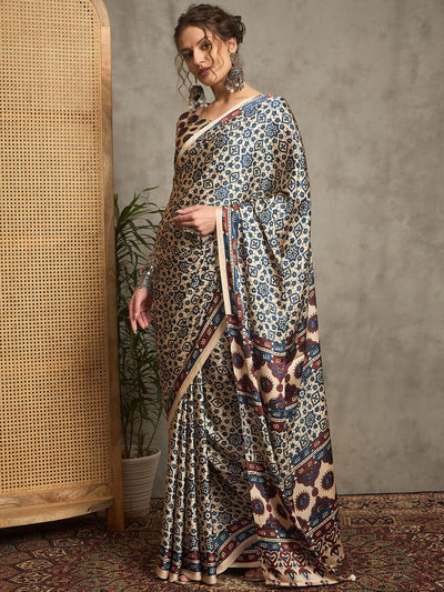 Royal Gajji Silk Saree in Cream & Indigo with Traditional Ajrakh Print