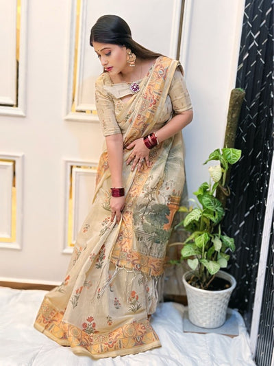 Beige Floral Print Tissue zari Saree with Traditional Village Artwork – Elegant Ethnic Wear for Women