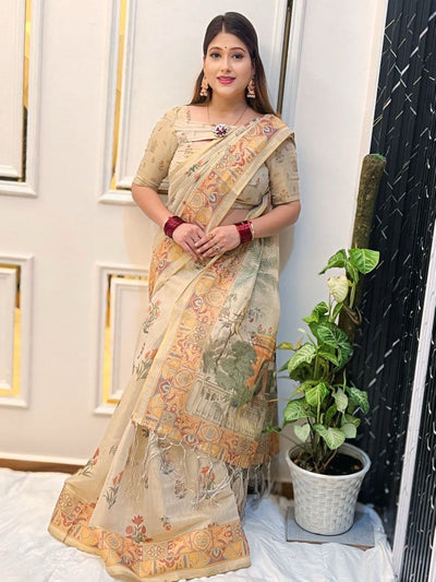 Beige Floral Print Tissue zari Saree with Traditional Village Artwork – Elegant Ethnic Wear for Women