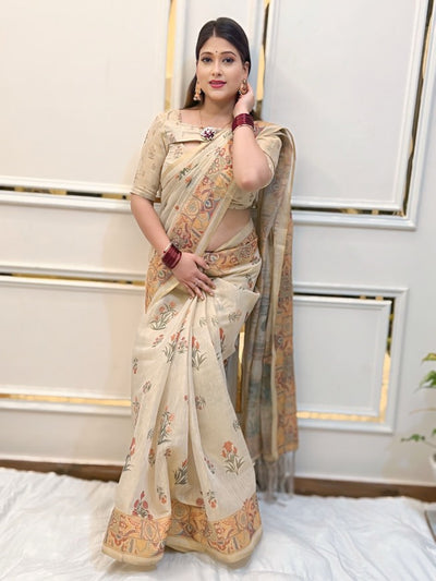 Beige Floral Print Tissue zari Saree with Traditional Village Artwork – Elegant Ethnic Wear for Women