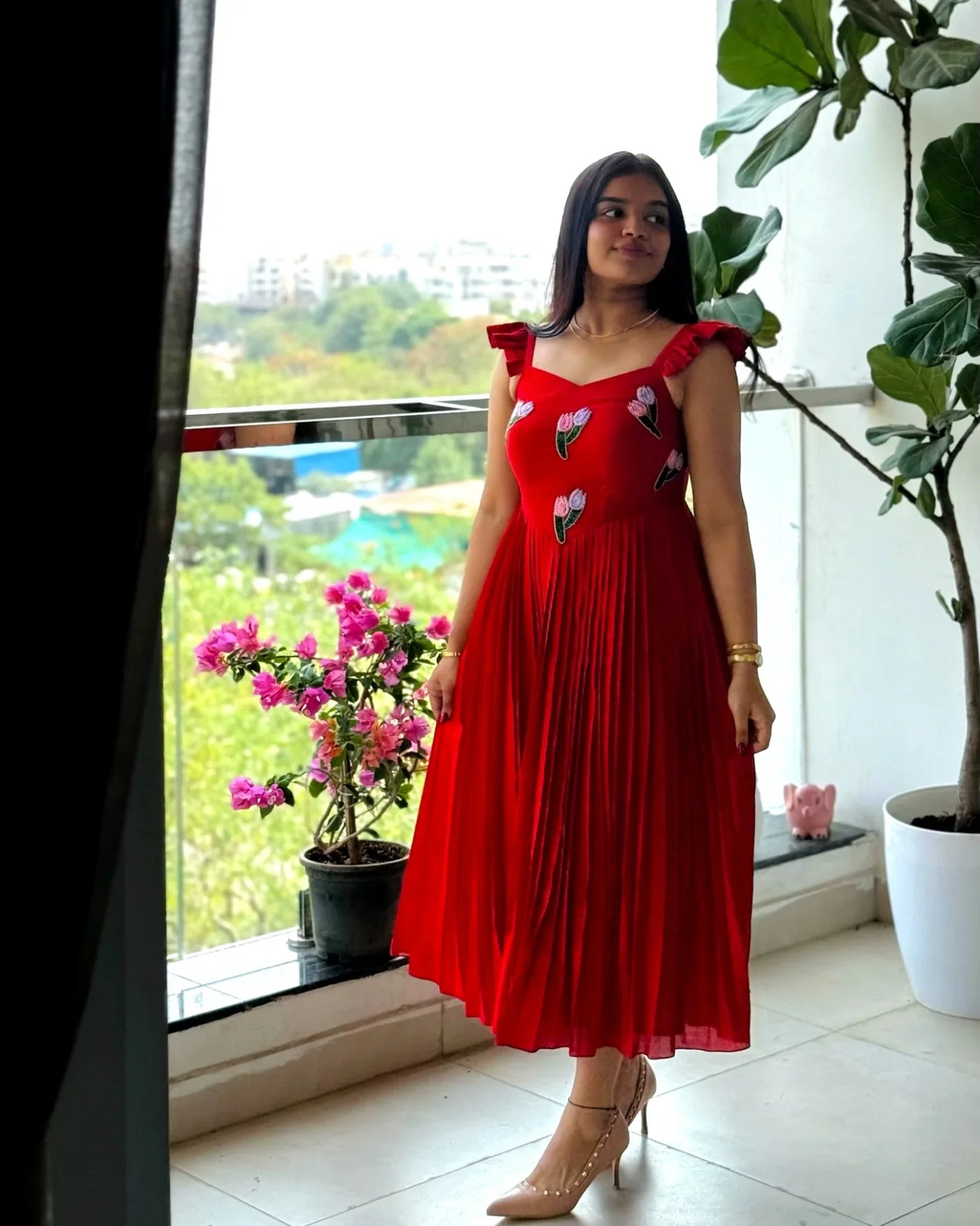 Red Vichitra Silk Handwork Maxi Dress with Beads & Kardana Embroidery Ethnic Party Wear Gown