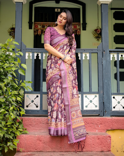 Purple Floral Printed Pure Cotton Linen Saree with Blouse and Tassels