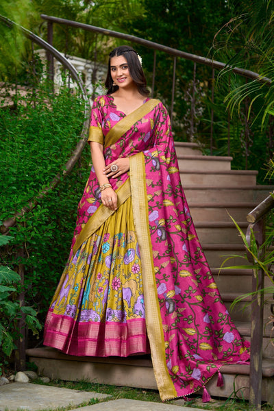 Regal Fuchsia & Golden Mustard Kalamkari Dola Silk Lehenga Set – A Masterpiece of Heritage & Elegance
