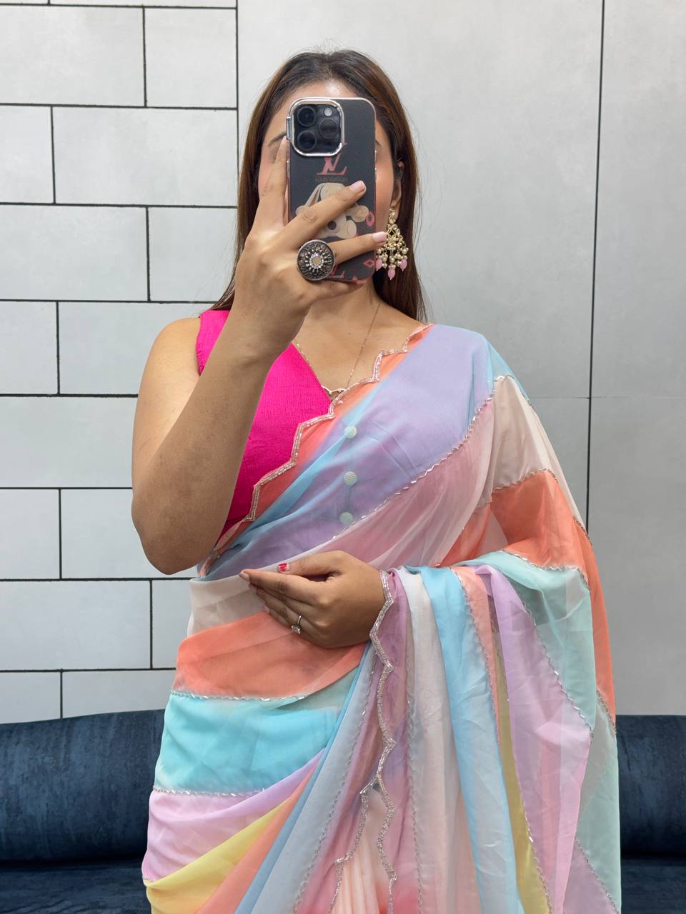SUPER HIT INSTAGRAM TRENDING RAINBOW MULTI COLOR HANDWORK SAREE