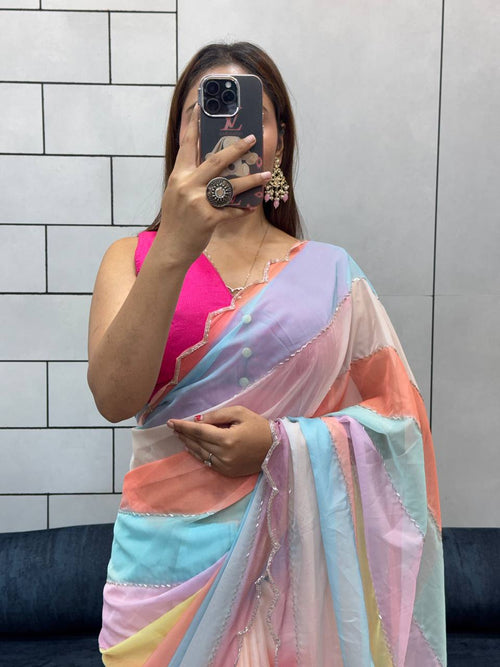 SUPER HIT INSTAGRAM TRENDING RAINBOW MULTI COLOR HANDWORK SAREE
