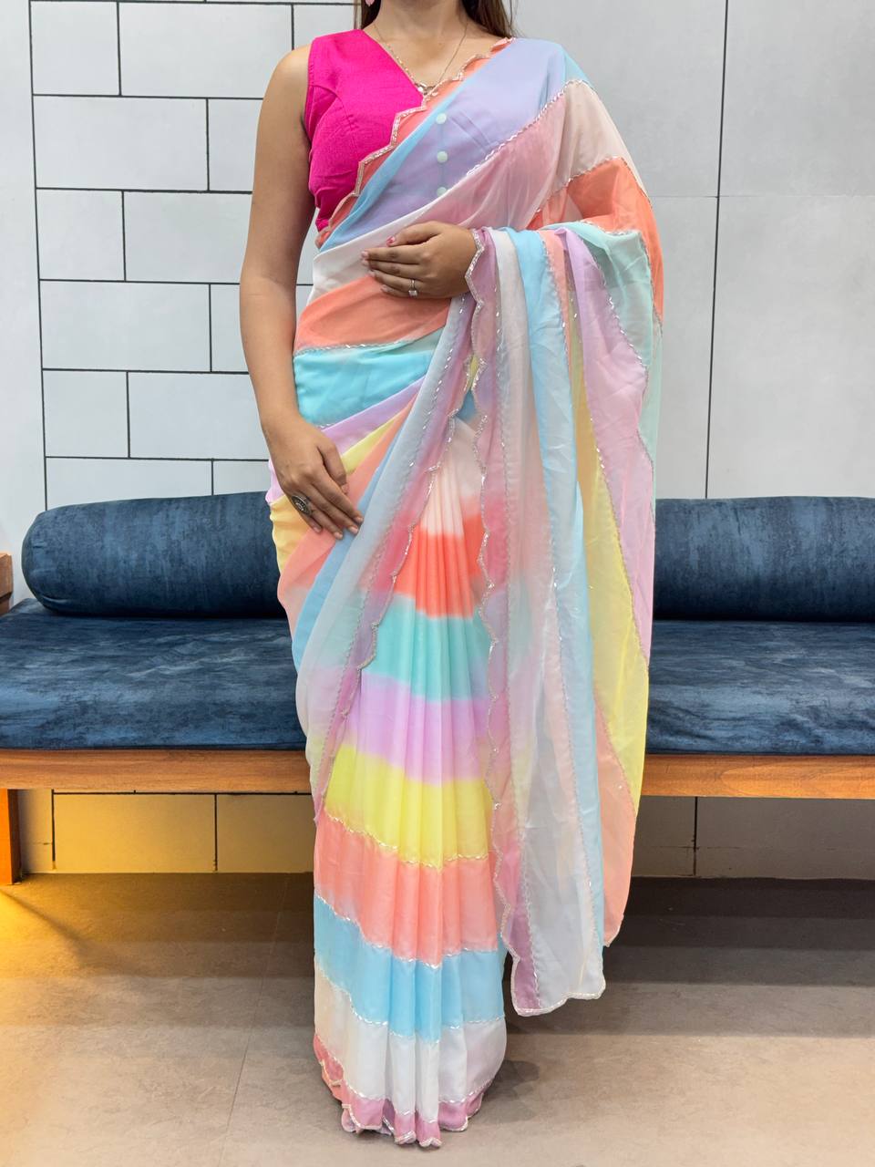 SUPER HIT INSTAGRAM TRENDING RAINBOW MULTI COLOR HANDWORK SAREE