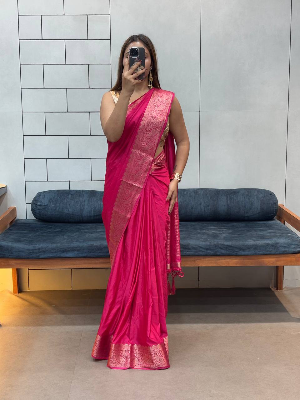 SUPER RICH PURE SATIN GAJI SILK SAREE WITH ZARI WEAVING BELT