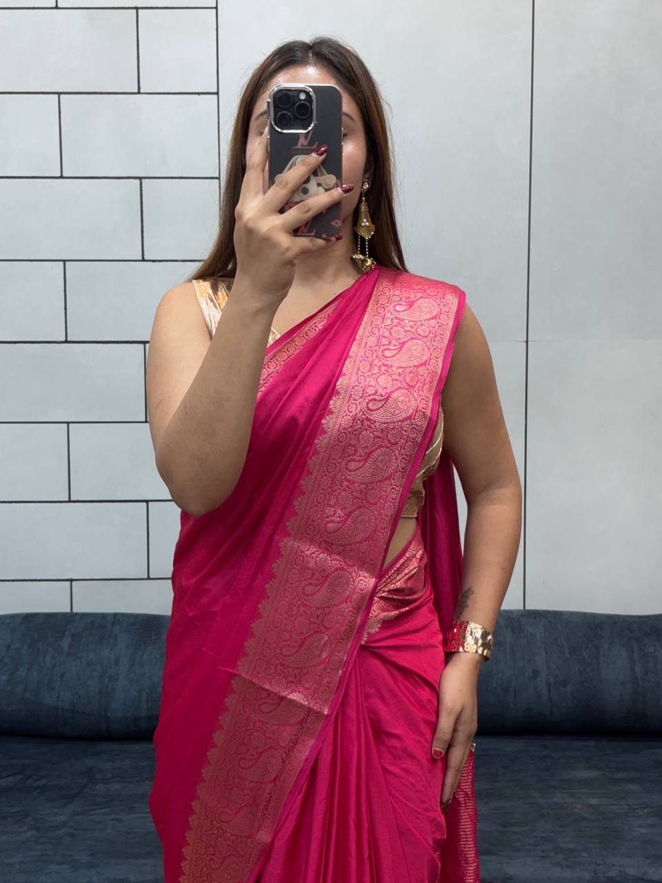 SUPER RICH PURE SATIN GAJI SILK SAREE WITH ZARI WEAVING BELT