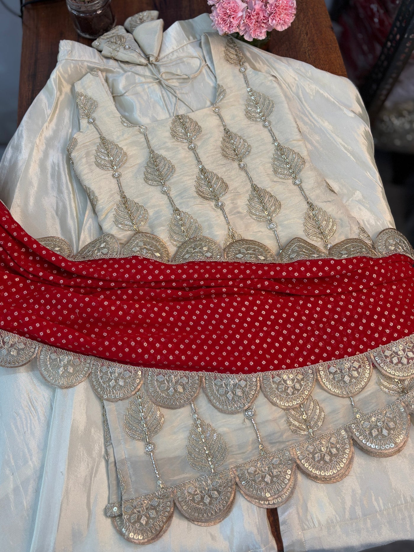 Ivory Silk Sharara Set with Golden Thread Embroidery & Red Bandhej Dupatta – Festive & Wedding Wear