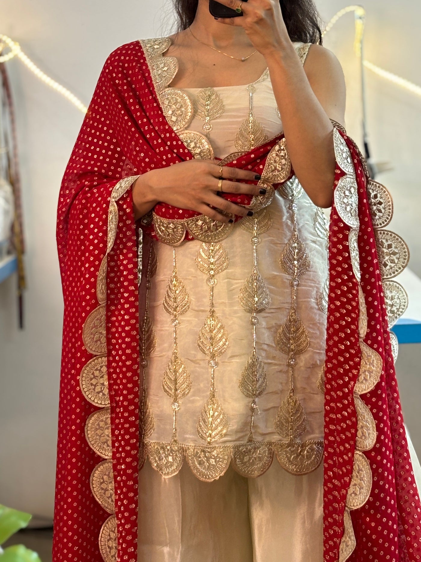 Ivory Silk Sharara Set with Golden Thread Embroidery & Red Bandhej Dupatta – Festive & Wedding Wear