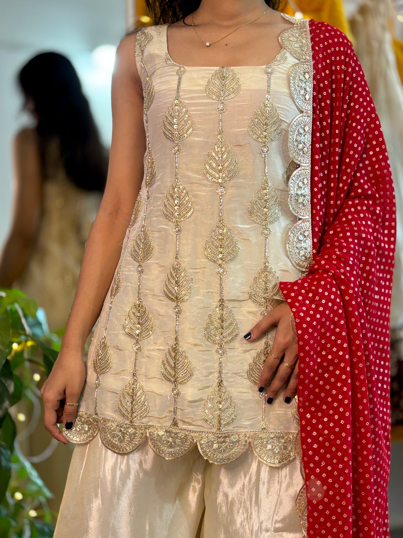 Ivory Silk Sharara Set with Golden Thread Embroidery & Red Bandhej Dupatta – Festive & Wedding Wear