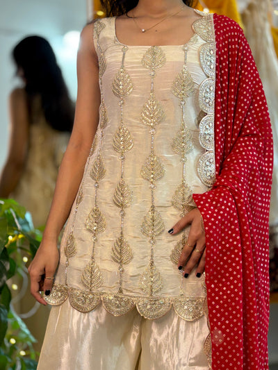 Ivory Silk Sharara Set with Golden Thread Embroidery & Red Bandhej Dupatta – Festive & Wedding Wear