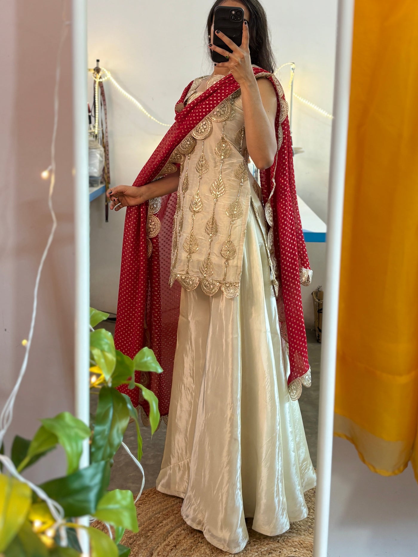 Ivory Silk Sharara Set with Golden Thread Embroidery & Red Bandhej Dupatta – Festive & Wedding Wear