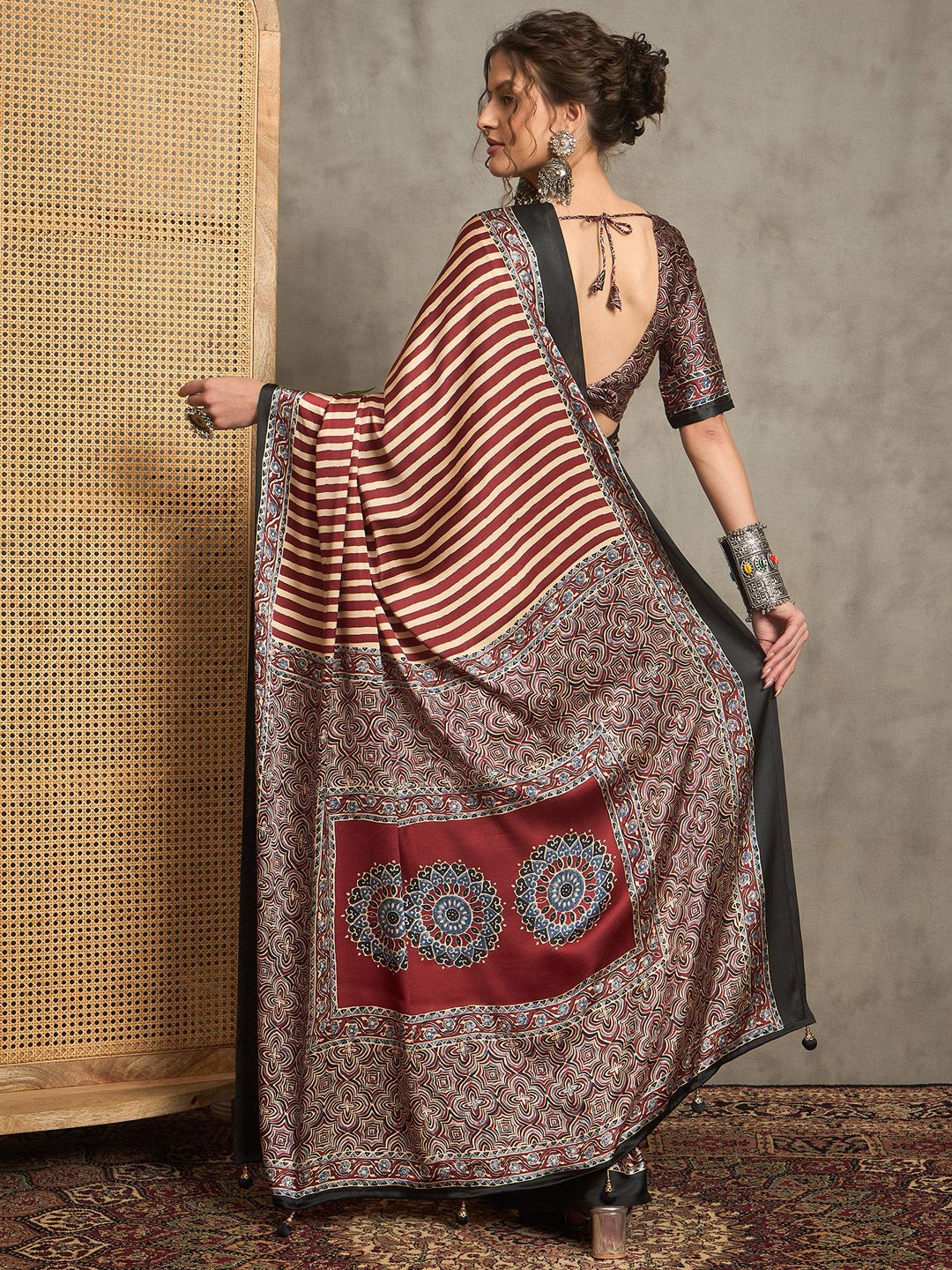 Maroon & Beige Striped Gajji Silk Saree with Mandala-Inspired Pallu