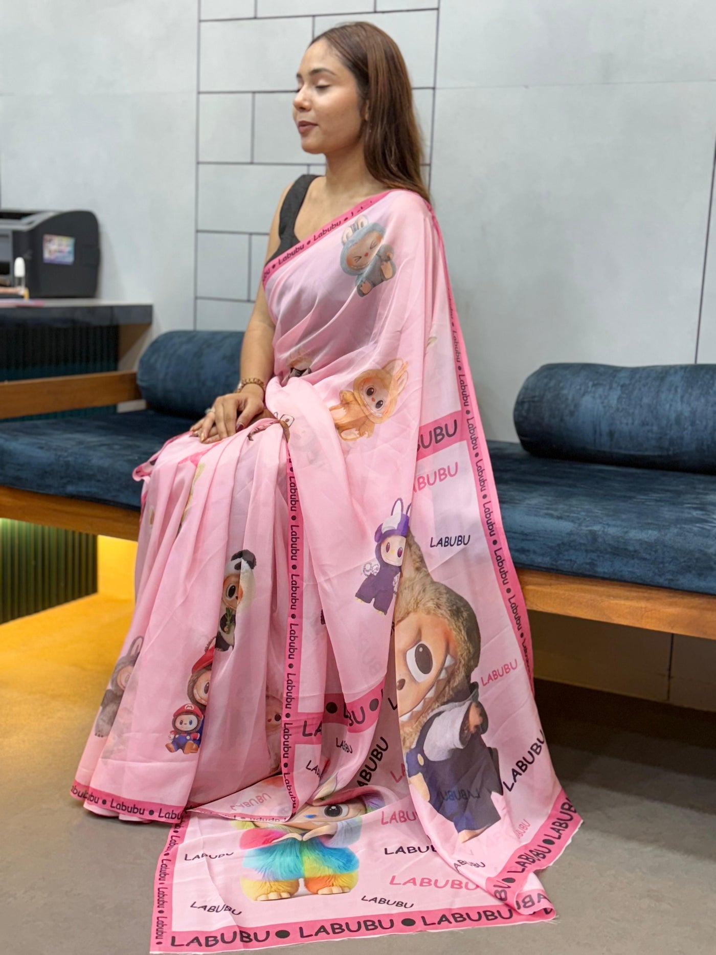 Trendy Labubu Print Pink Saree – Casual & Festive Wear with Cute Characters