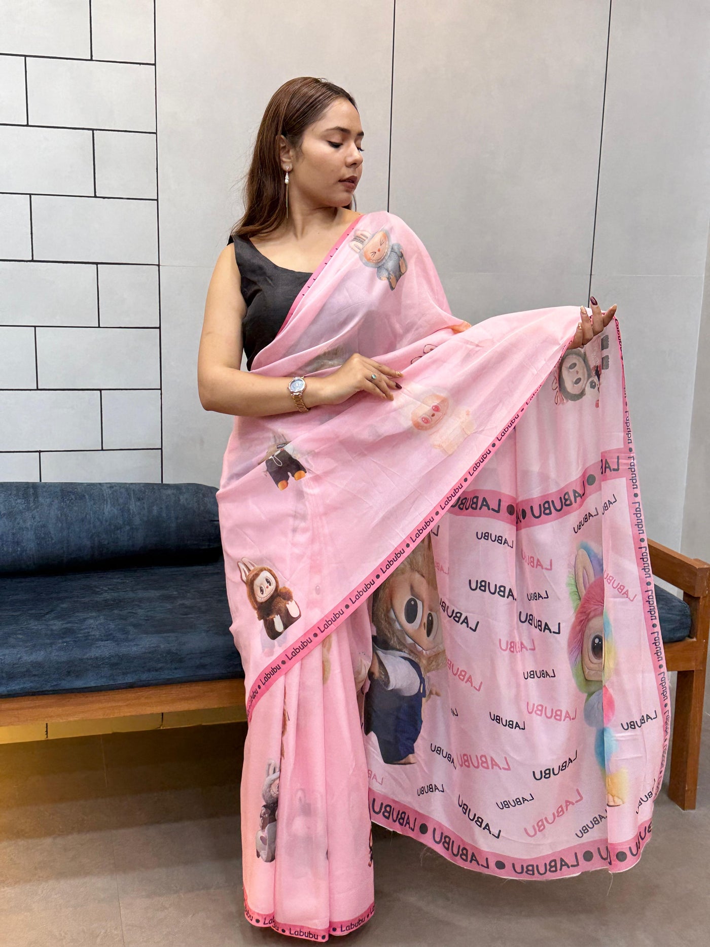 Trendy Labubu Print Pink Saree – Casual & Festive Wear with Cute Characters