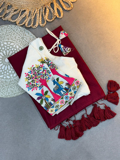 Pure Cotton Handloom Khadi Saree Paired with Designer Embroidery Work Blouse