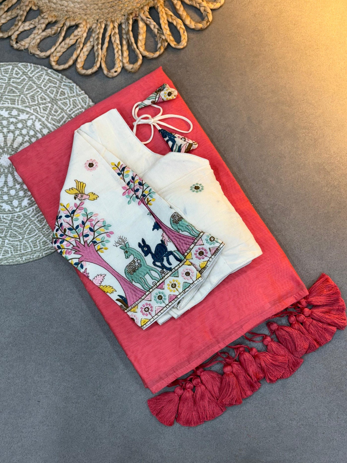 Pure Cotton Handloom Khadi Saree Paired with Designer Embroidery Work Blouse