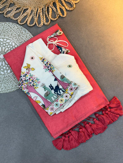 Pure Cotton Handloom Khadi Saree Paired with Designer Embroidery Work Blouse