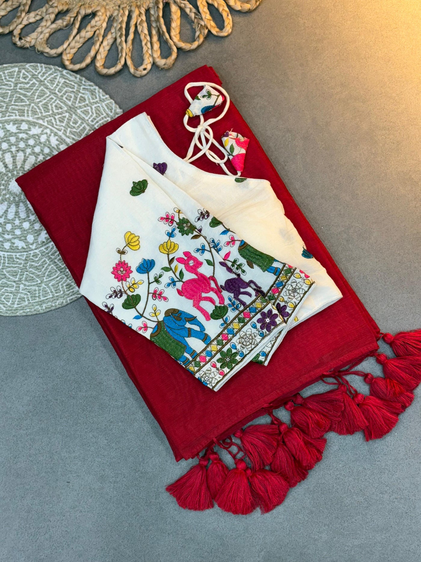 Pure Cotton Handloom Khadi Saree Paired with Designer Embroidery Work Blouse