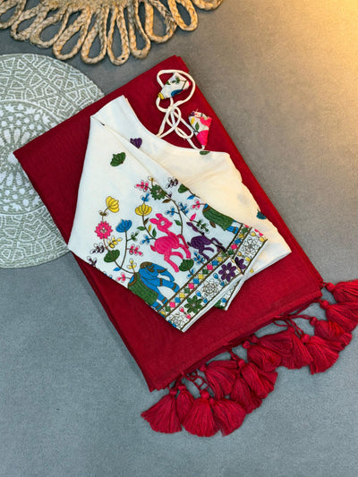 Pure Cotton Handloom Khadi Saree Paired with Designer Embroidery Work Blouse