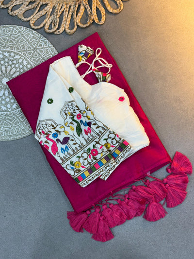 Pure Cotton Handloom Khadi Saree Paired with Designer Embroidery Work Blouse