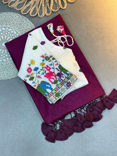 Pure Cotton Handloom Khadi Saree Paired with Designer Embroidery Work Blouse