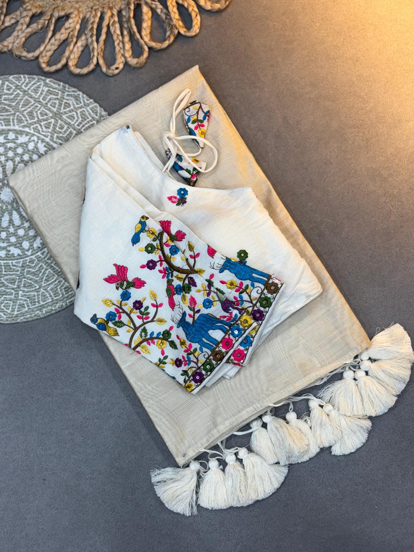 Pure Cotton Handloom Khadi Saree Paired with Designer Embroidery Work Blouse