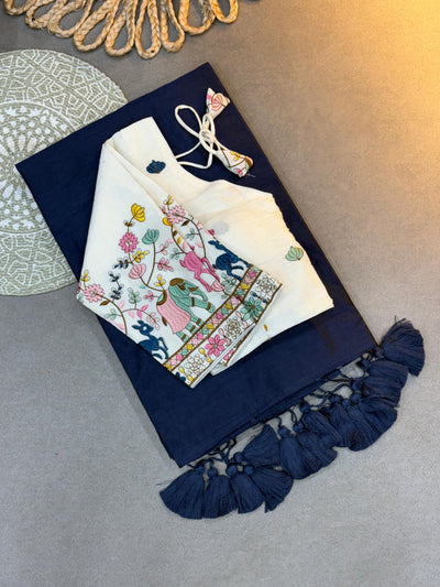 Pure Cotton Handloom Khadi Saree Paired with Designer Embroidery Work Blouse