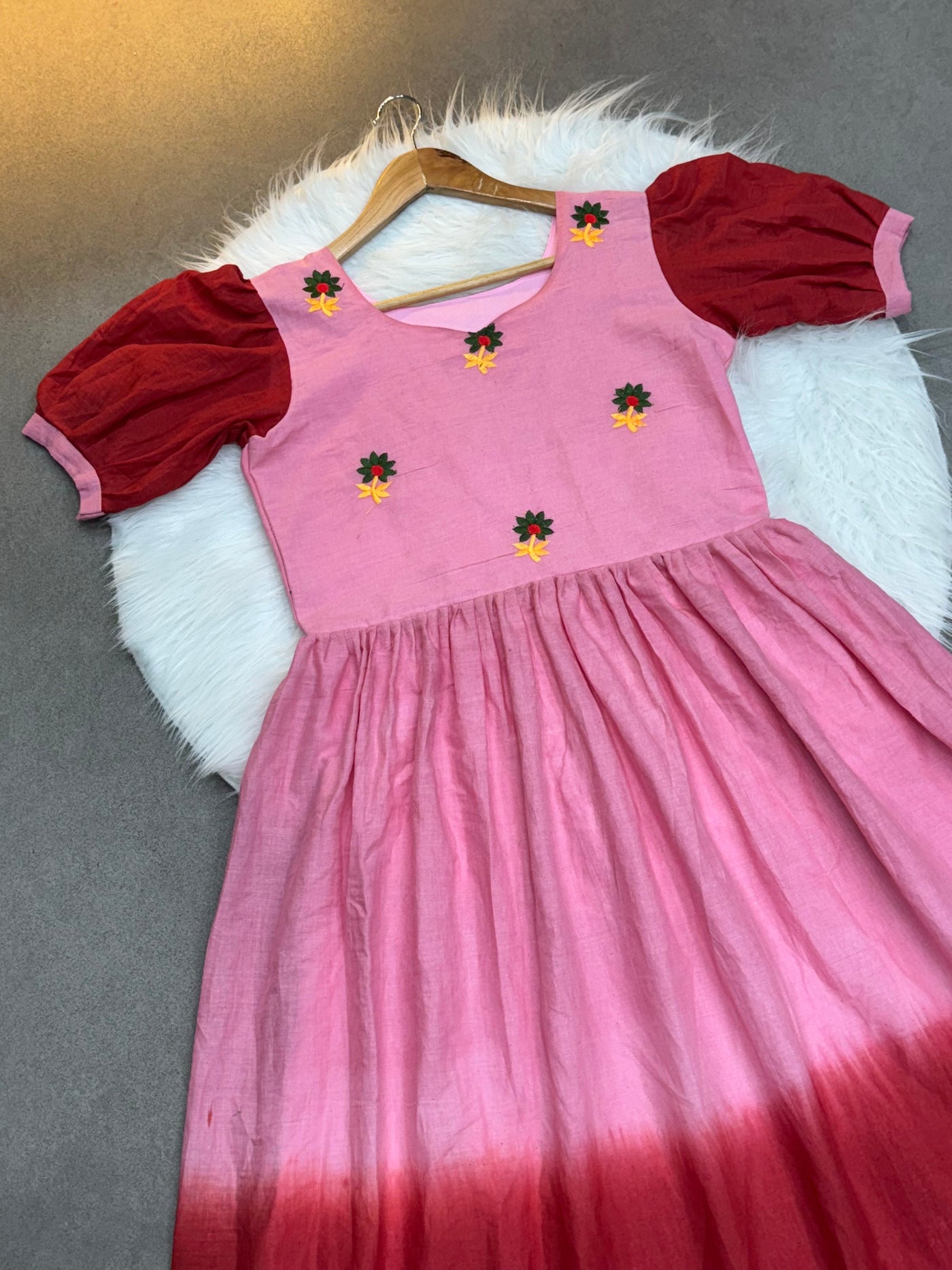 Pink & Red Ombre mul Cotton Flared Dress with Puff Sleeves and Floral Embroidery