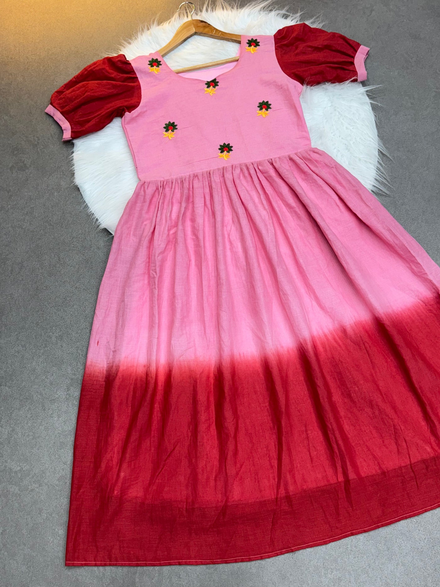 Pink & Red Ombre mul Cotton Flared Dress with Puff Sleeves and Floral Embroidery