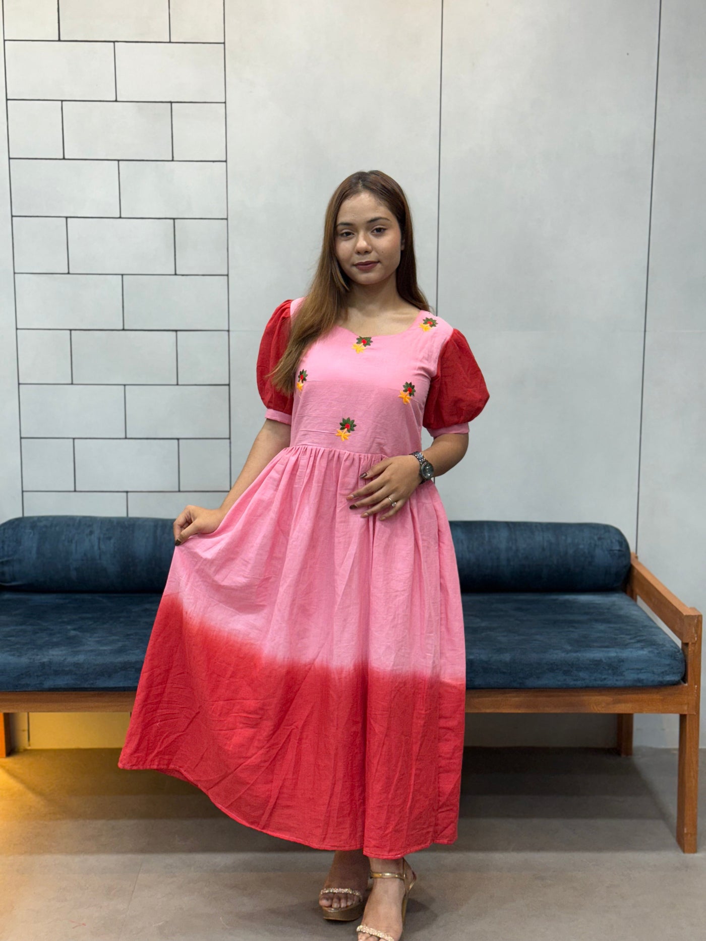 Pink & Red Ombre mul Cotton Flared Dress with Puff Sleeves and Floral Embroidery