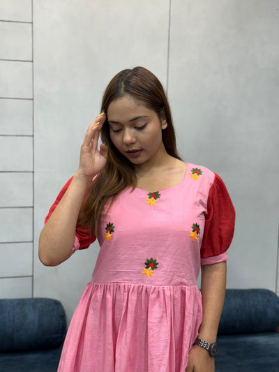 Pink & Red Ombre mul Cotton Flared Dress with Puff Sleeves and Floral Embroidery