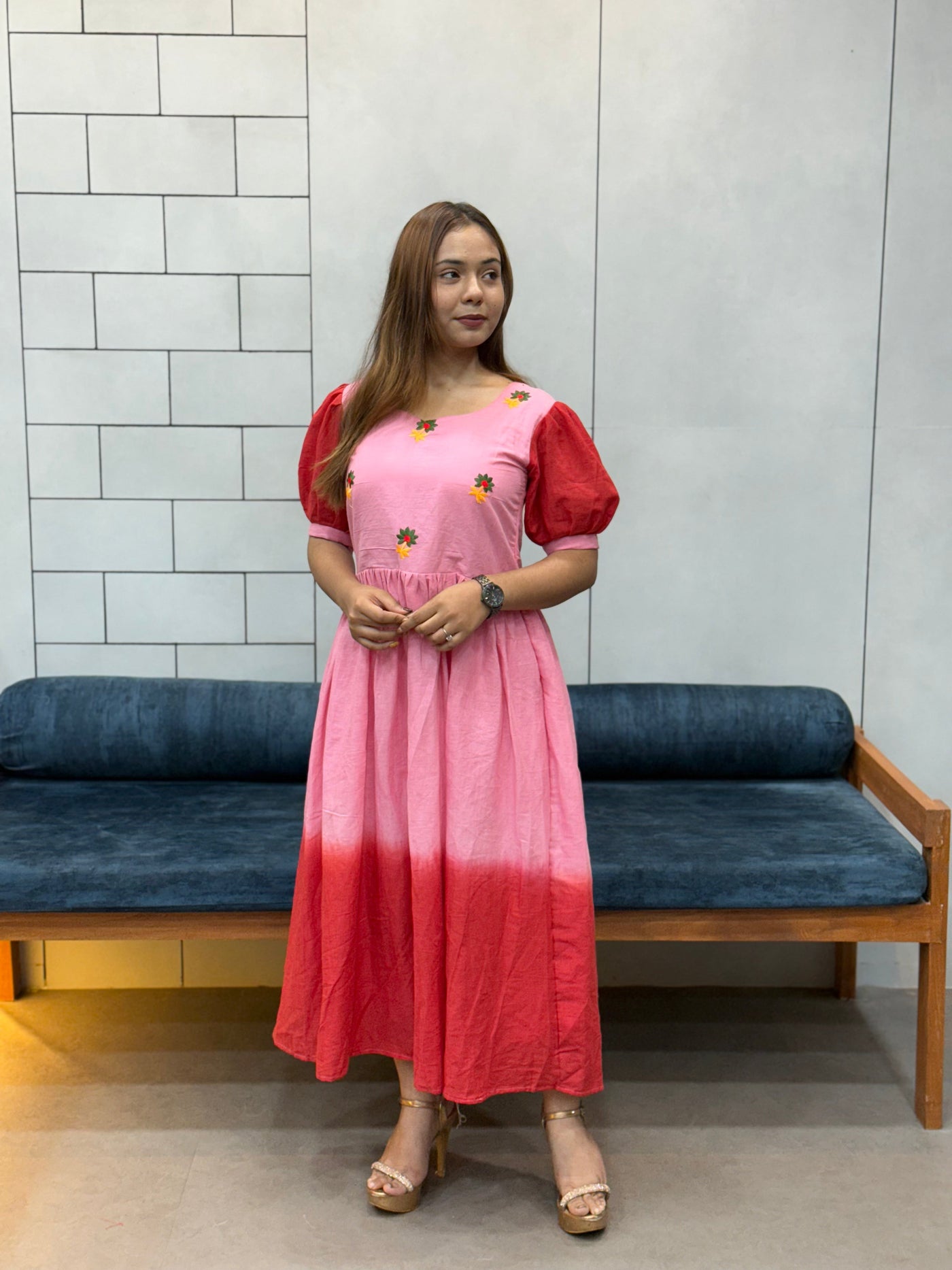 Pink & Red Ombre mul Cotton Flared Dress with Puff Sleeves and Floral Embroidery