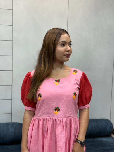 Pink & Red Ombre mul Cotton Flared Dress with Puff Sleeves and Floral Embroidery