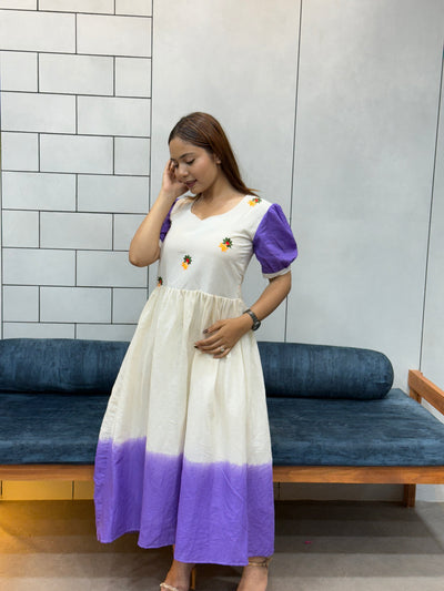 Pink & Red Ombre mul Cotton Flared Dress with Puff Sleeves and Floral Embroidery