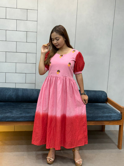Pink & Red Ombre mul Cotton Flared Dress with Puff Sleeves and Floral Embroidery