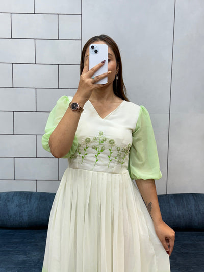 Pista Green Georgette Maxi Dress | Handcrafted Beads & Kardana | Comfortable Cotton Lining