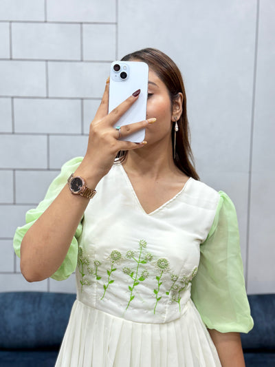 Pista Green Georgette Maxi Dress | Handcrafted Beads & Kardana | Comfortable Cotton Lining