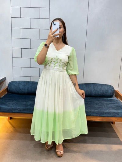 Pista Green Georgette Maxi Dress | Handcrafted Beads & Kardana | Comfortable Cotton Lining