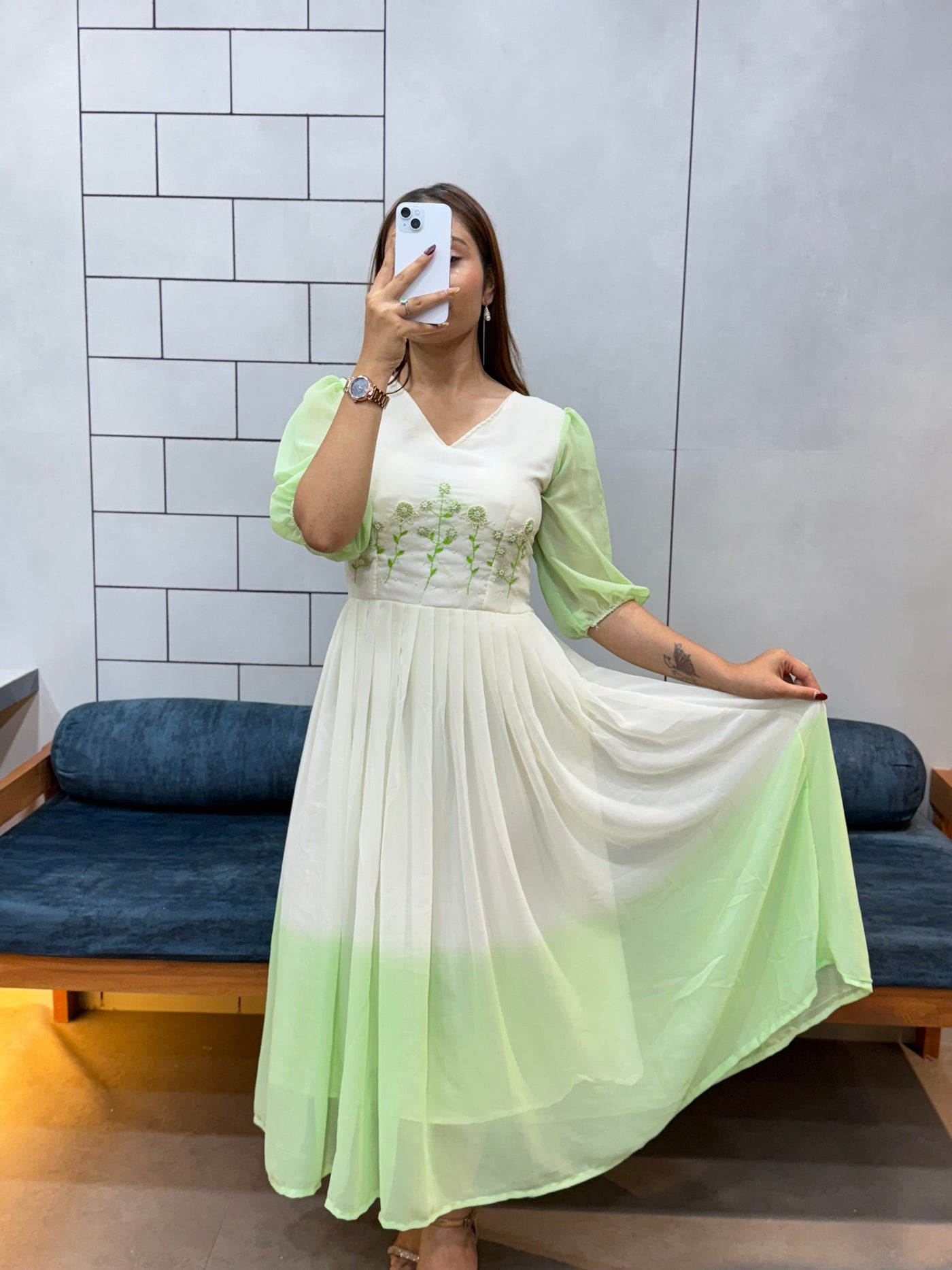 Pista Green Georgette Maxi Dress | Handcrafted Beads & Kardana | Comfortable Cotton Lining