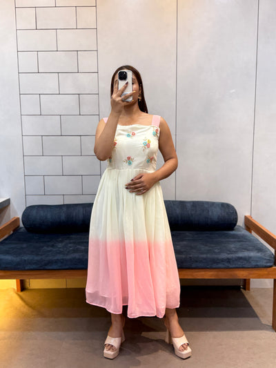 Pink Pedding Fox Georgette Maxi Dress with Beads & Kardana Handwork | Soft Cotton Inner | Elegant Partywear