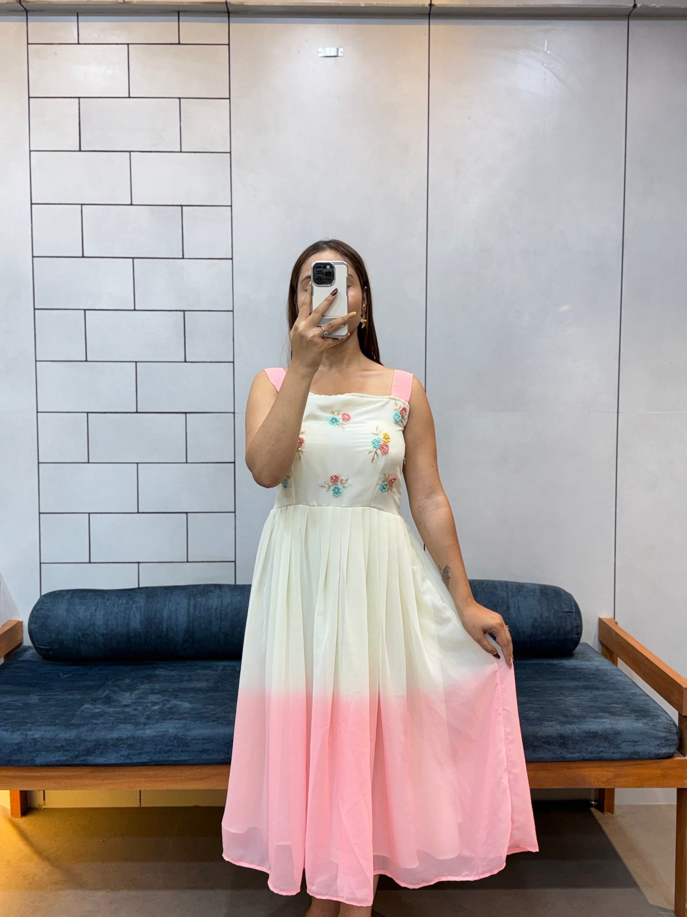 Pink Pedding Fox Georgette Maxi Dress with Beads & Kardana Handwork | Soft Cotton Inner | Elegant Partywear