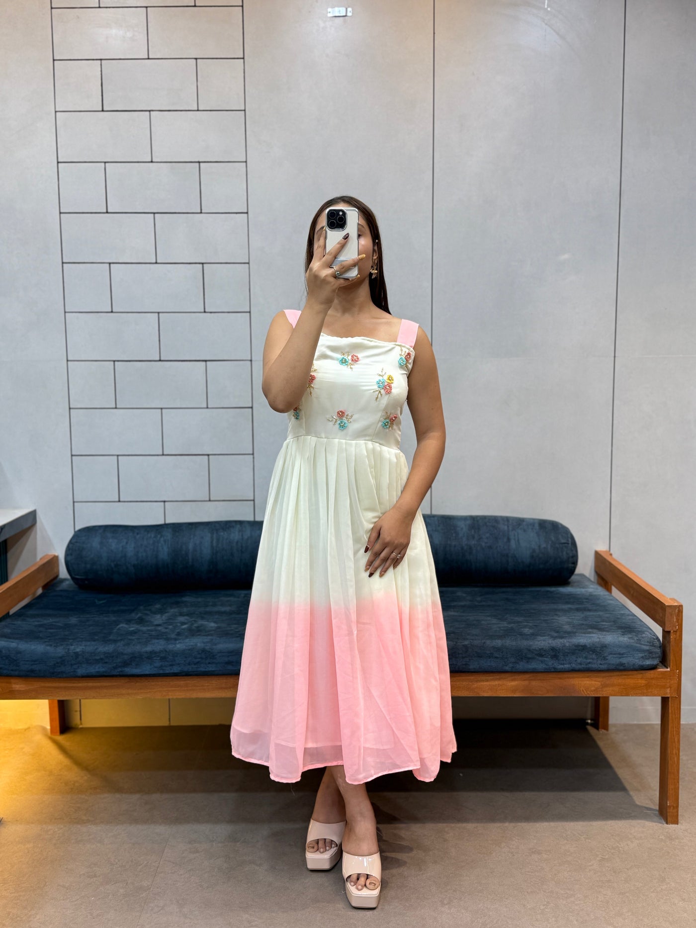 Pink Pedding Fox Georgette Maxi Dress with Beads & Kardana Handwork | Soft Cotton Inner | Elegant Partywear