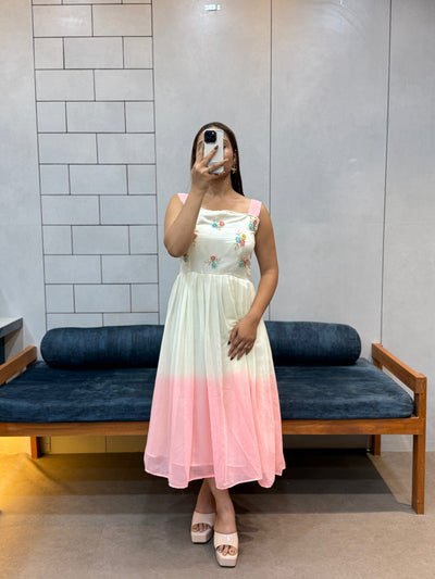 Pink Pedding Fox Georgette Maxi Dress with Beads & Kardana Handwork | Soft Cotton Inner | Elegant Partywear