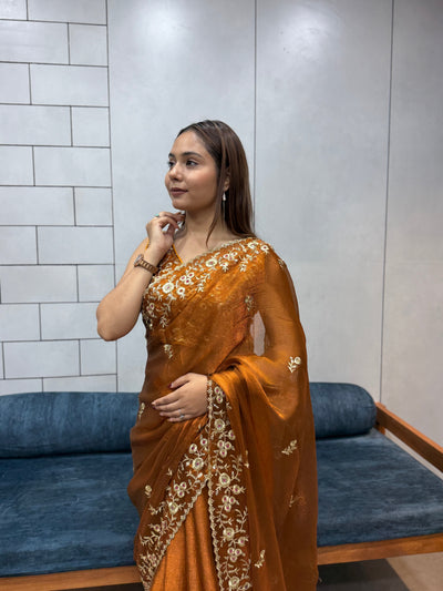 Rust Orange Space silk Saree with Golden Floral Embroidery & Designer Blouse - Festive & Party Wear