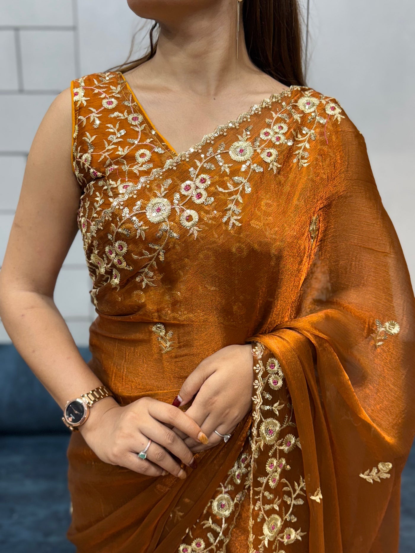 Rust Orange Space silk Saree with Golden Floral Embroidery & Designer Blouse - Festive & Party Wear