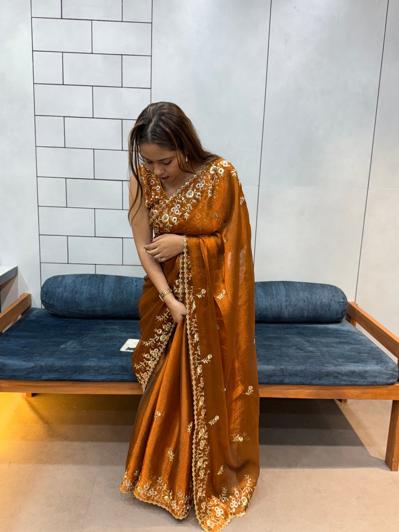 Rust Orange Space silk Saree with Golden Floral Embroidery & Designer Blouse - Festive & Party Wear