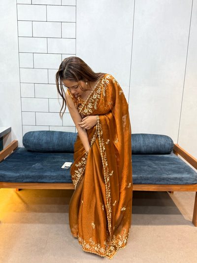 Rust Orange Space silk Saree with Golden Floral Embroidery & Designer Blouse - Festive & Party Wear