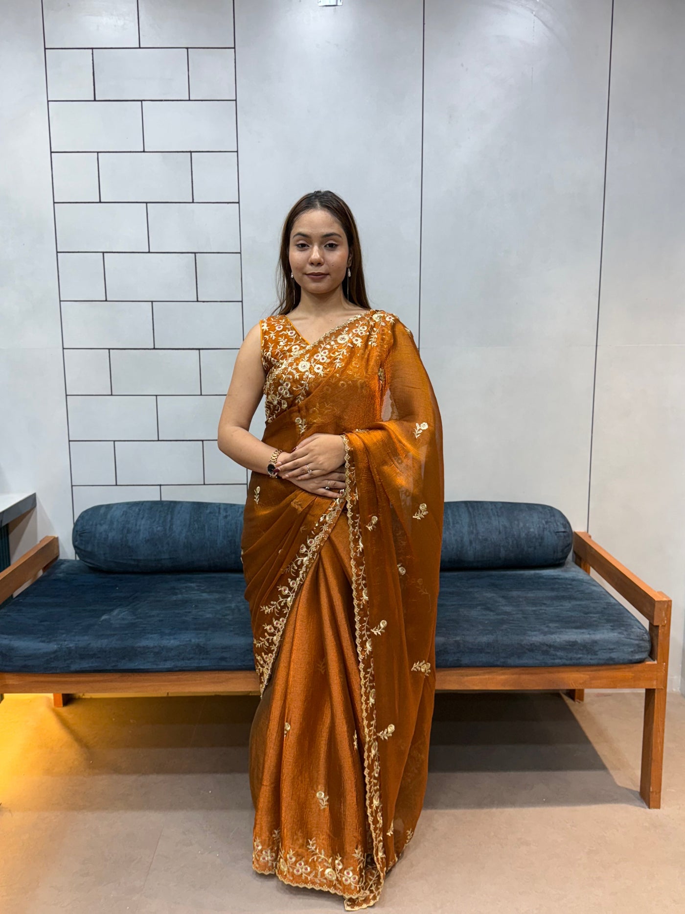 Rust Orange Space silk Saree with Golden Floral Embroidery & Designer Blouse - Festive & Party Wear
